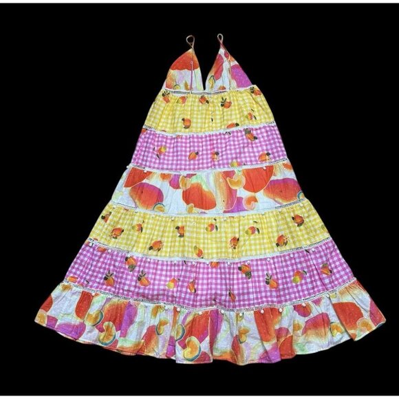 Farm Rio Sz M Dress Mixed Picnic Cashew Maxi Sundress Gingham Sleeveless Tiered - Picture 4 of 8
